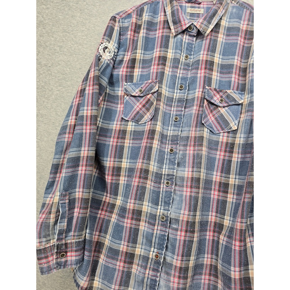 Weatherproof Vintage Plaid Button Shirt Blue Red Portsmouth Patch XL Nautical